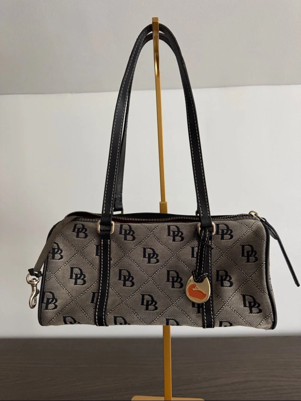 Dooney & Bourke Canvas Leather Duffel Barrel purse Monogram Black/Gray - Picture 1 of 10